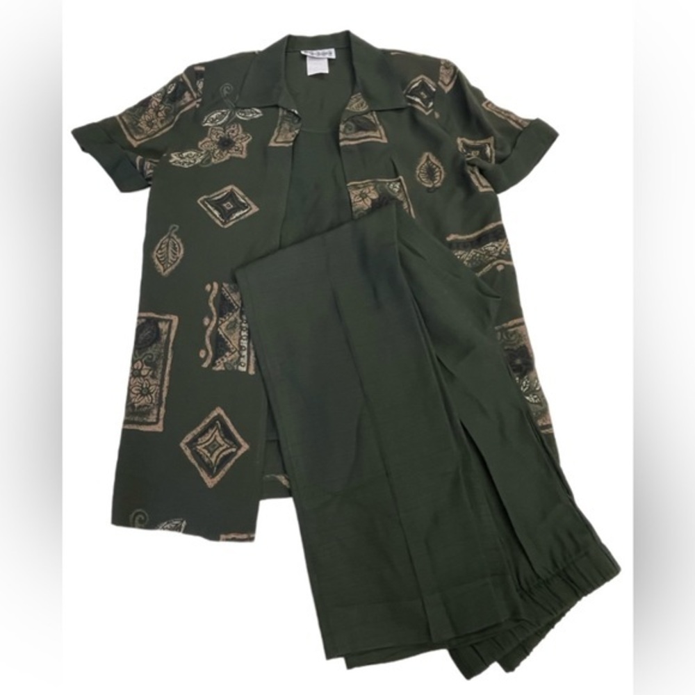 Vintage Focus Studio green floral two piece pants set womens size 8